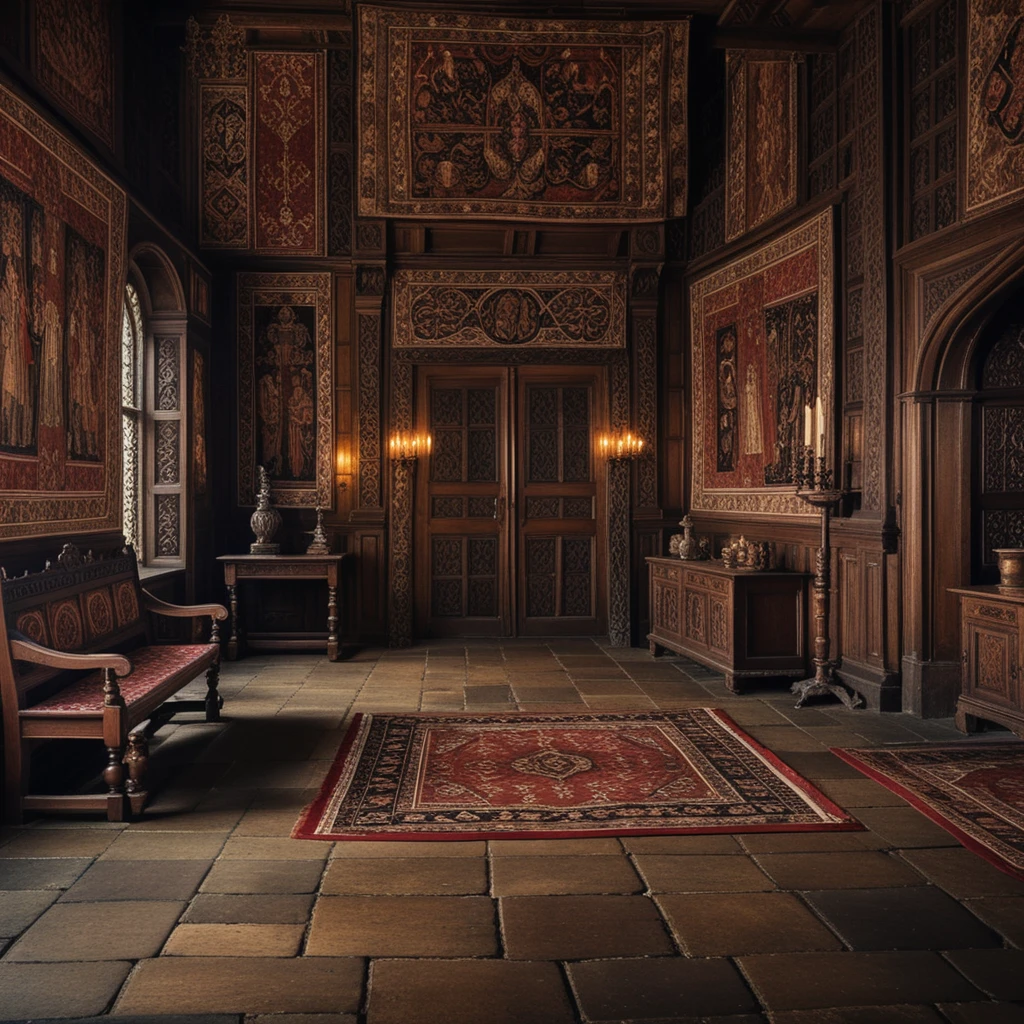 Medieval hall interior with tapestries and carved wooden furniture
