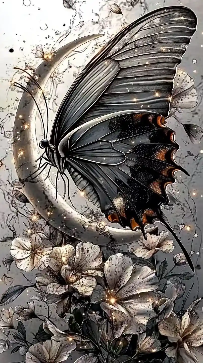 Whimsical Butterfly Queen With Crescent Moon Body And Flowers