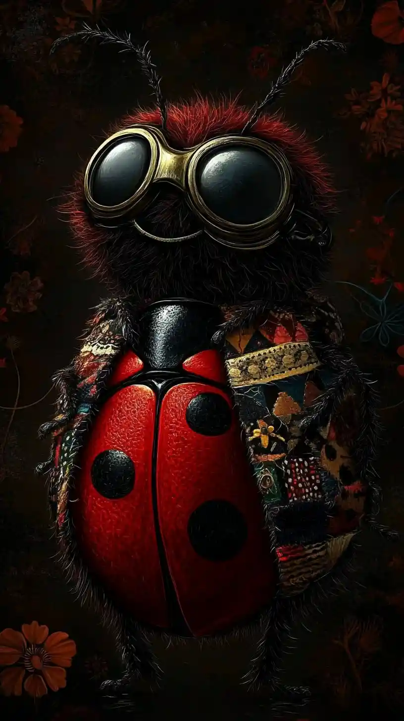 Whimsical Ladybug Character In Psychedelic Floral Surroundings