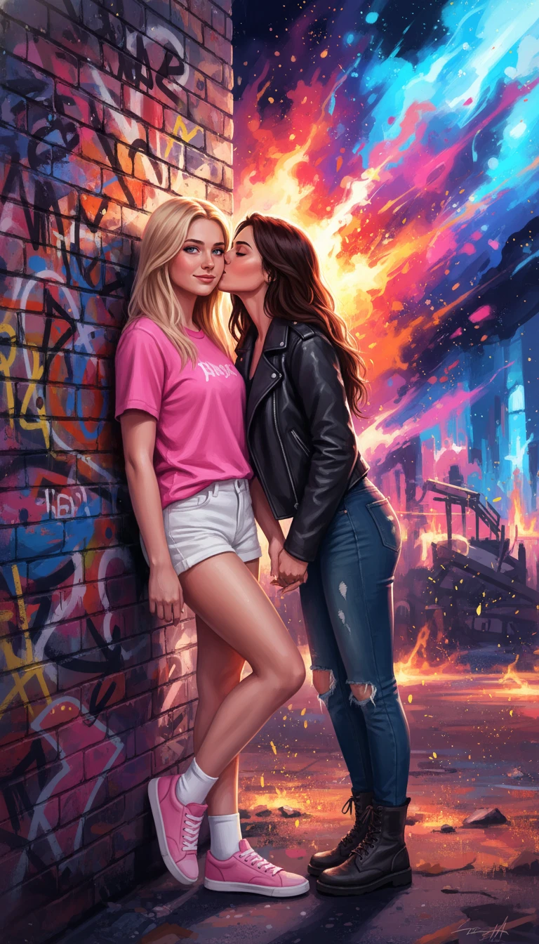Two young women kissing against a colorful graffiti wall