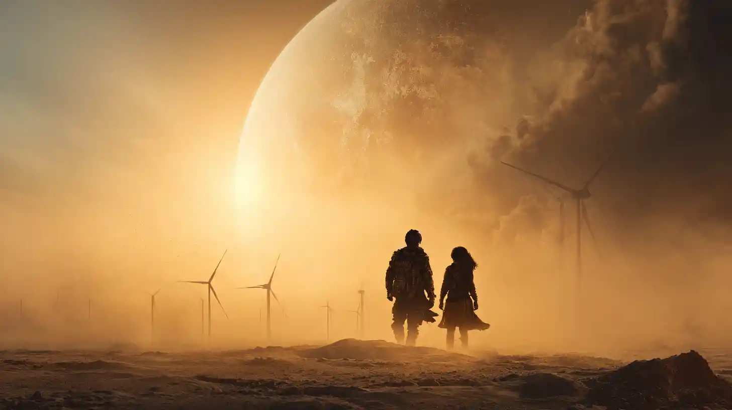 Young woman and father surviving on desolate alien world