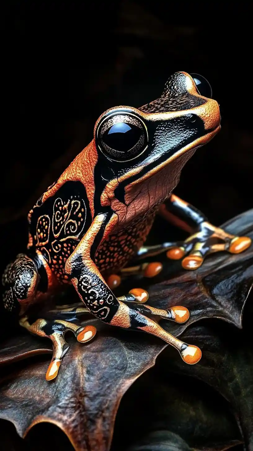 Colorful poison dart frog against bold abstract pattern