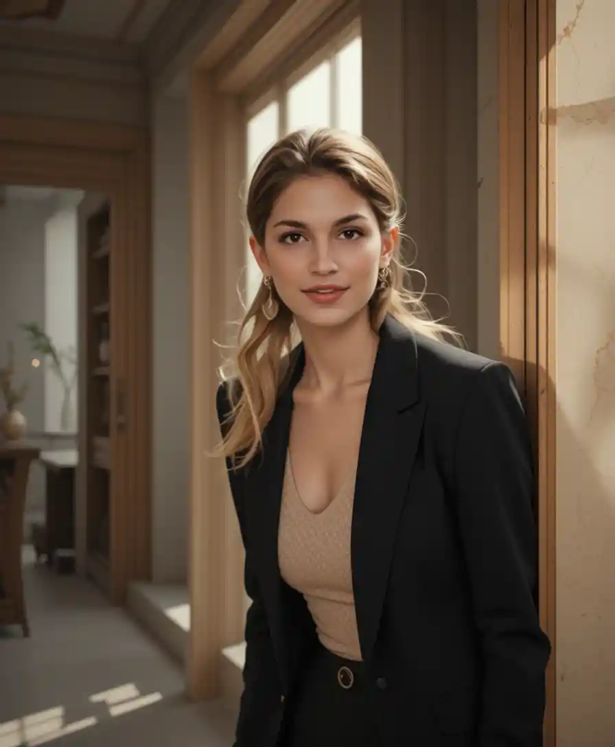 Thoughtful woman in black blazer by a bright doorway