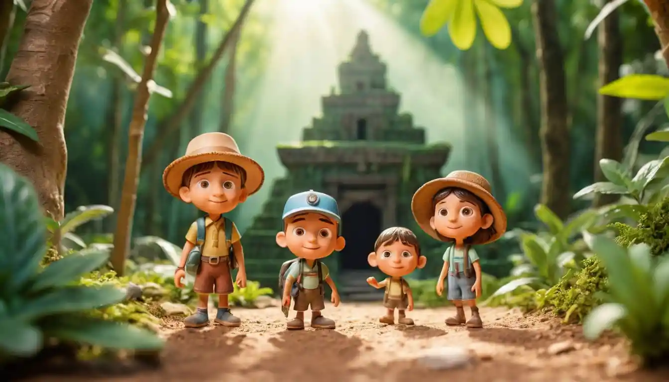 Bambini di argilla in stile Pixar in vacanza estiva giocosa nel bosco