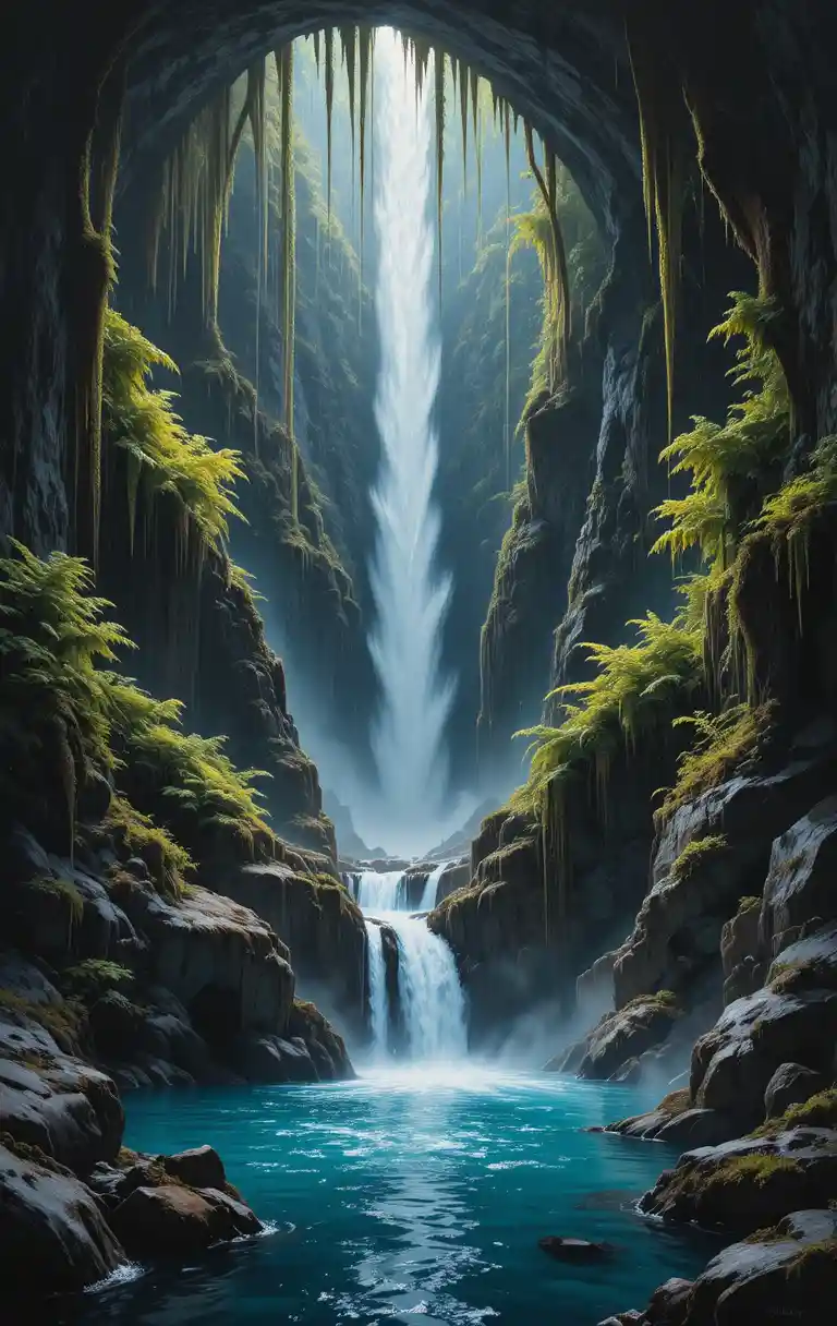Dramatic Waterfall Illuminated In A Vast Underground Cave