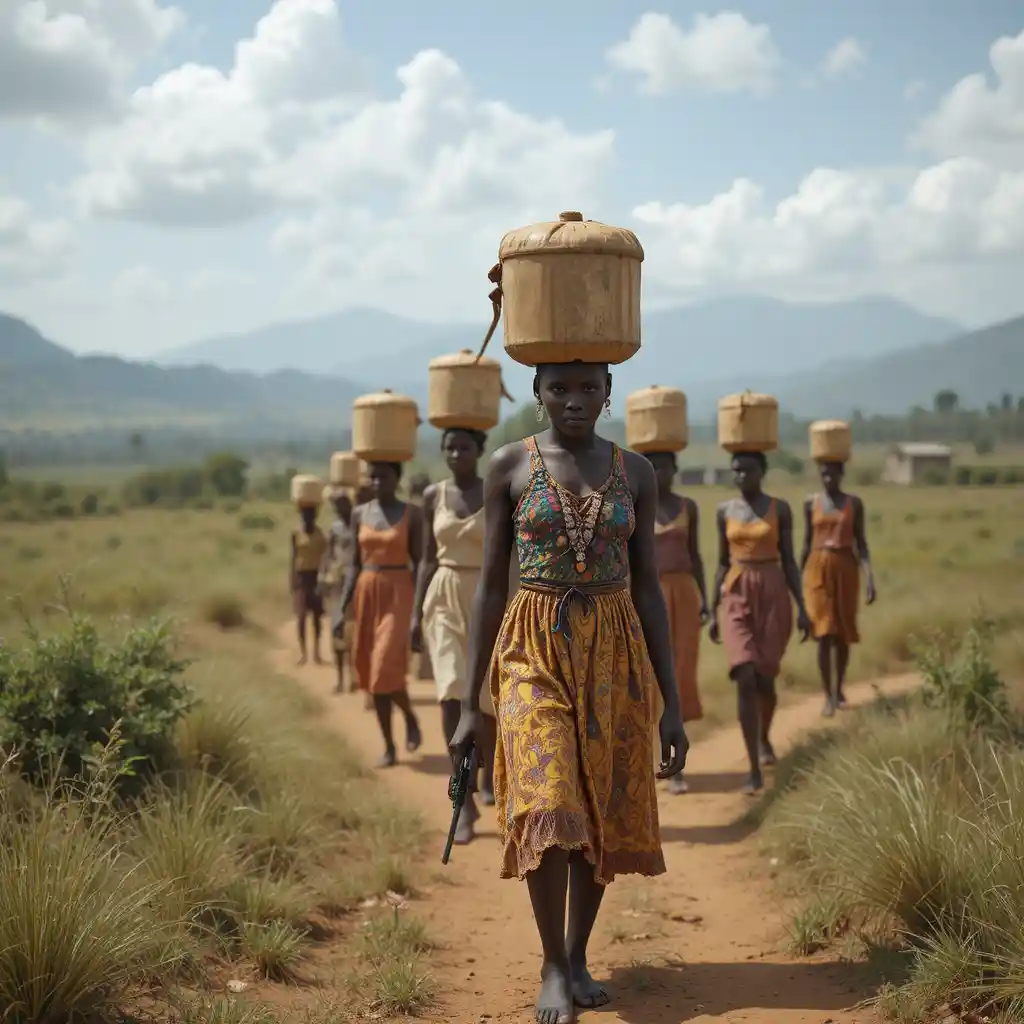 African girls walking across a vast rural landscape with water