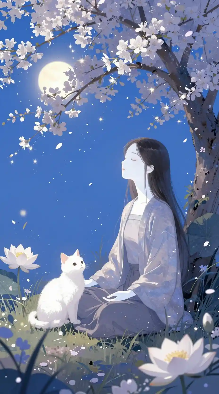 Girl meditating beneath a flowering tree with white kitten