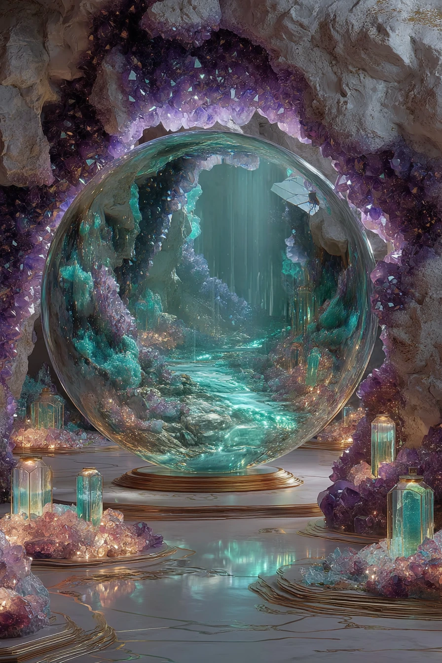 Spectral Quicksilver Dragon In A Crystal Geode Laboratory