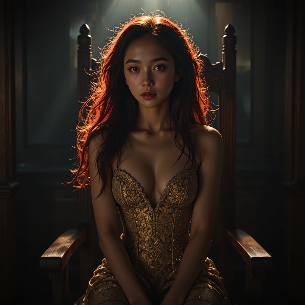 Korean woman in candlelight seated in a wooden chair