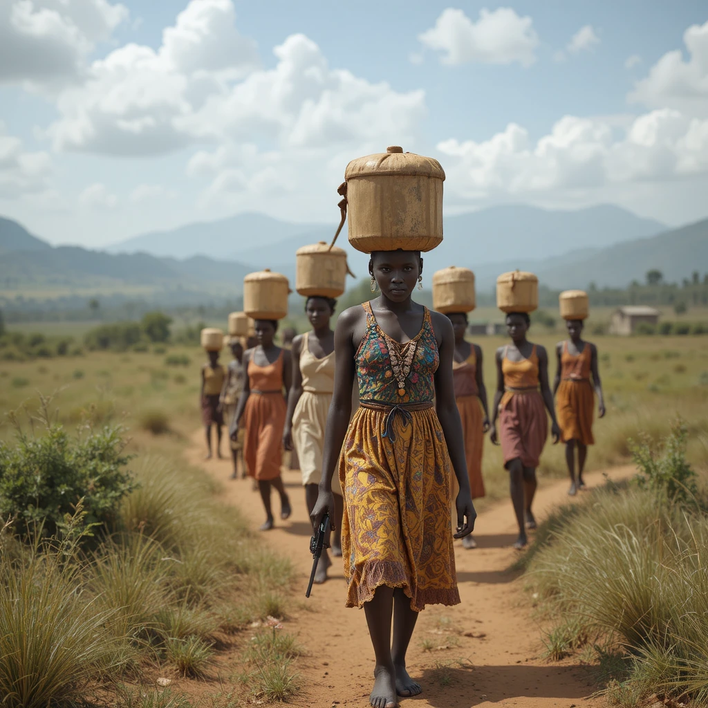 African girls walking across a vast rural landscape with water