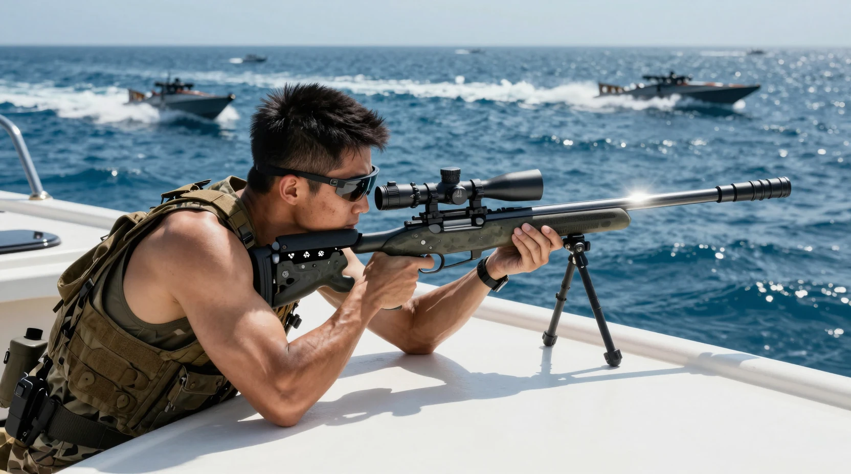 Sniper aiming from a yacht roof on the open sea