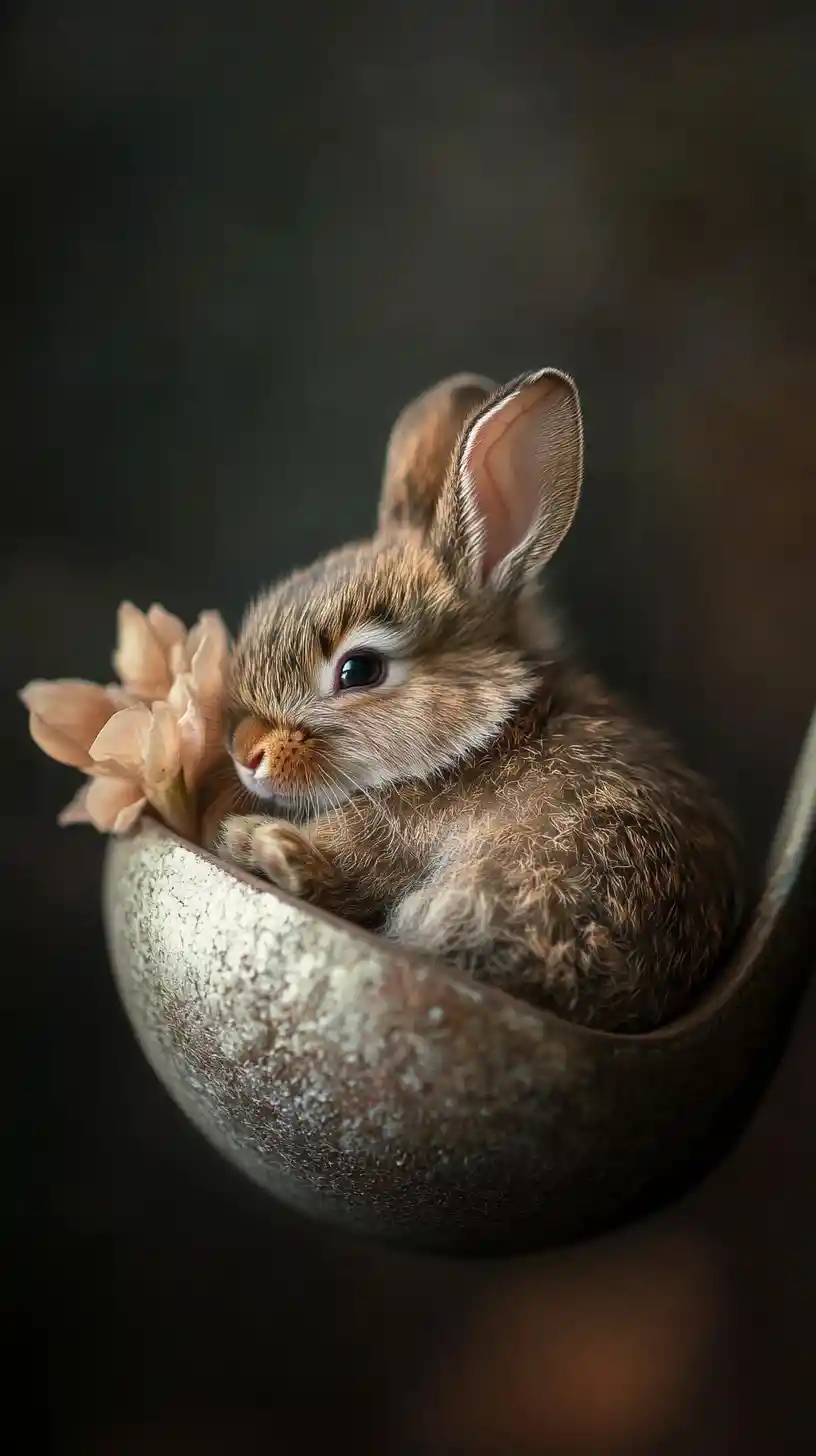 Tiny rabbit curled in a spoon under warm moody light