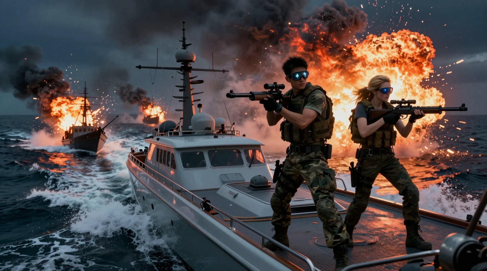 Armed duo on yacht fleeing pirate boats in flames