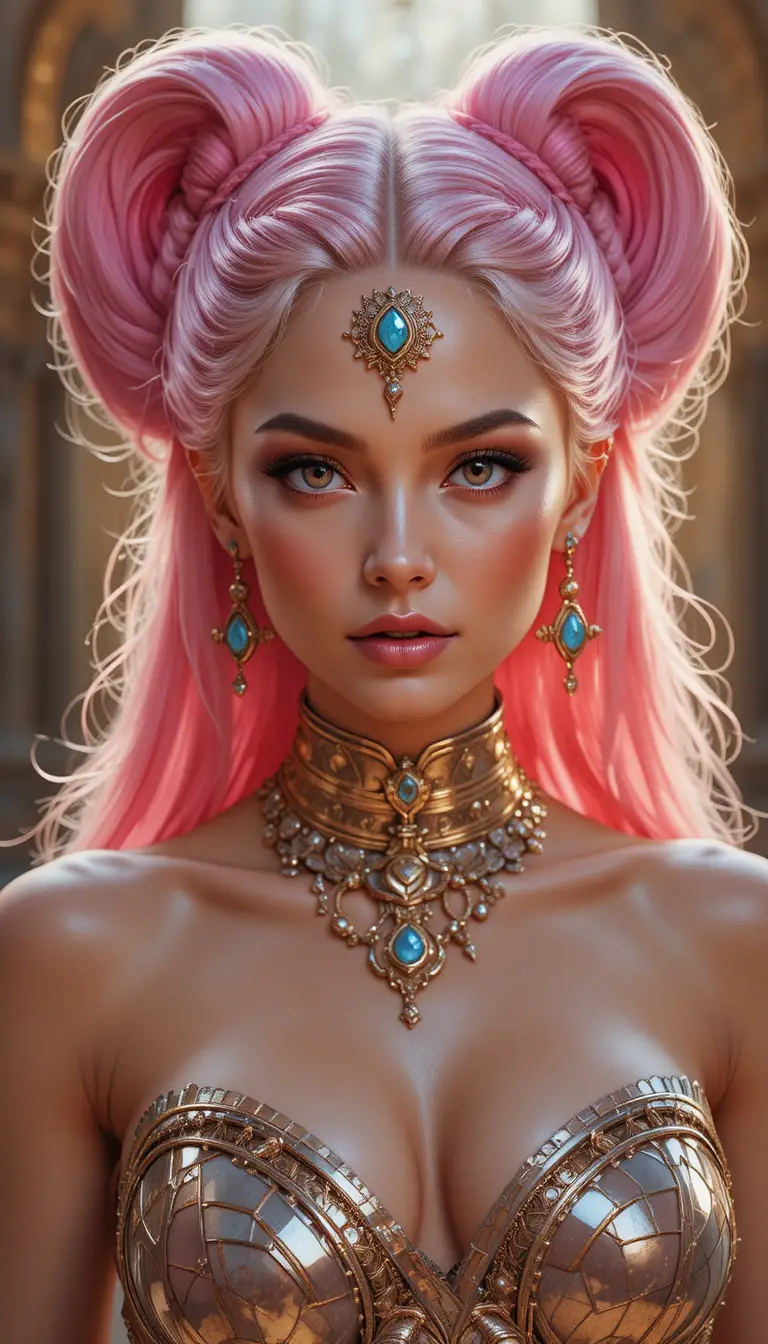 Elegant amazon warrior queen with pastel pink hair portrait