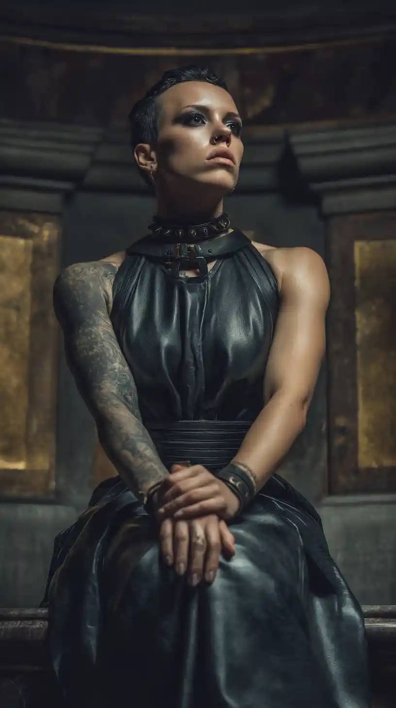 Muscular woman in black dress seated in dramatic church