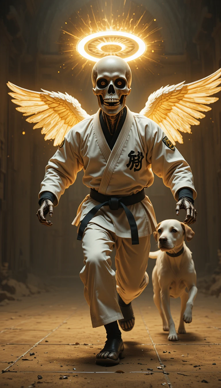 Karate skeleton with halo chased by maltese dog in dojo