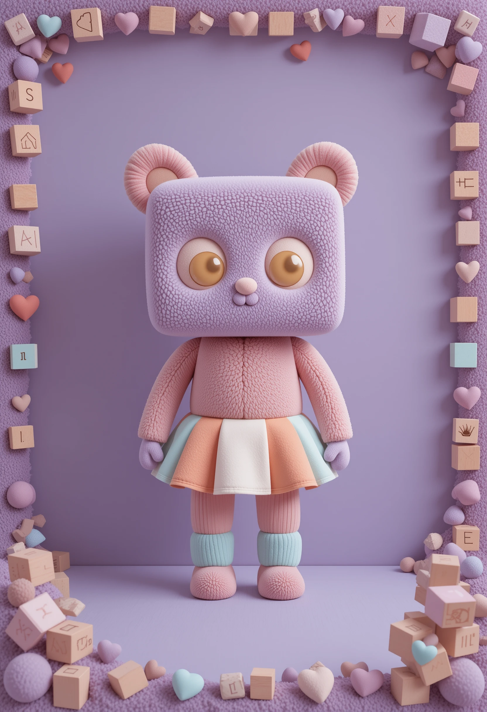 Cute geometric plush toy character on lavender background