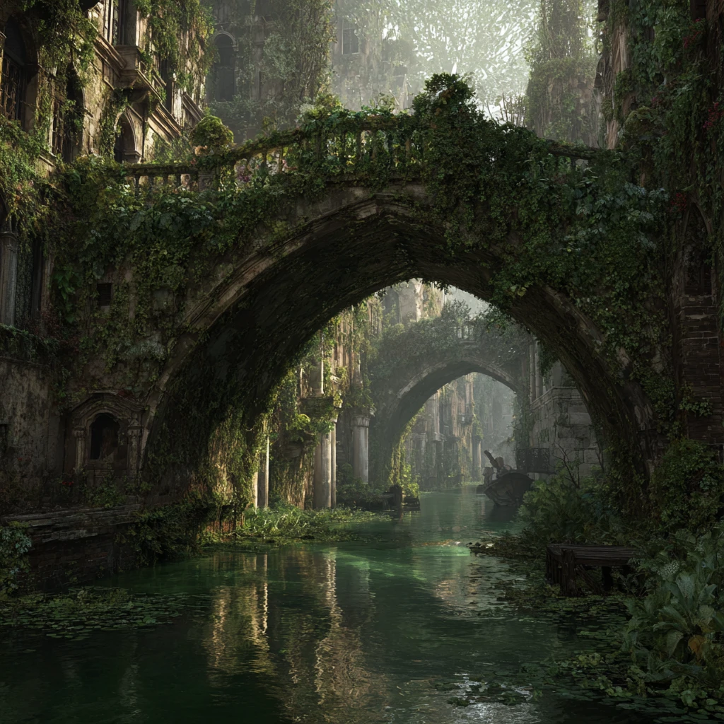 Moss Covered Rialto Bridge In Enchanted Misty Forest