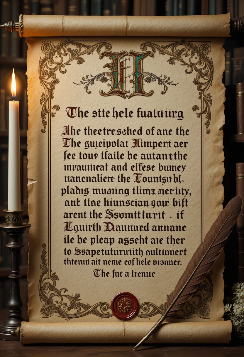 Medieval illuminated scroll with ornate borders and wax seal