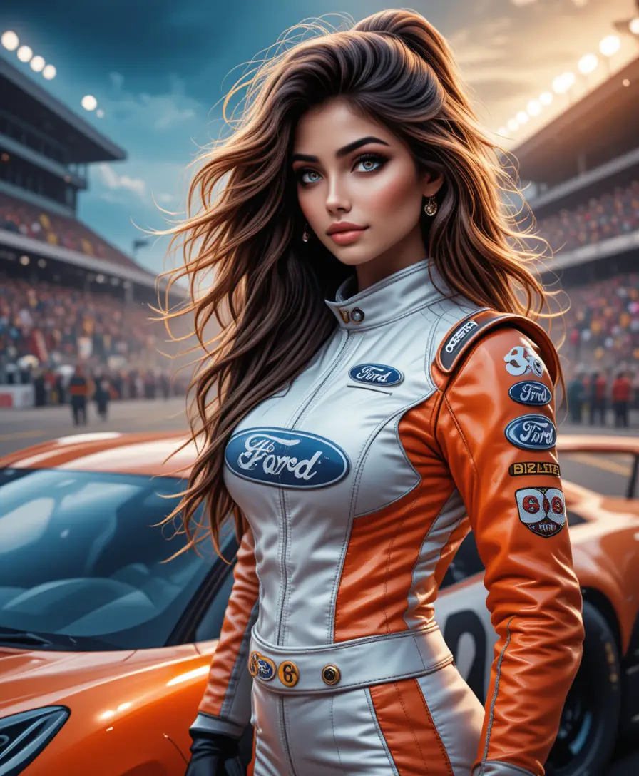 Italian woman driver beside orange Corvette at racetrack