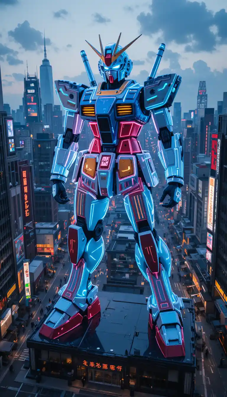 Neon Holographic Giant Robot Statue Above Tokyo City