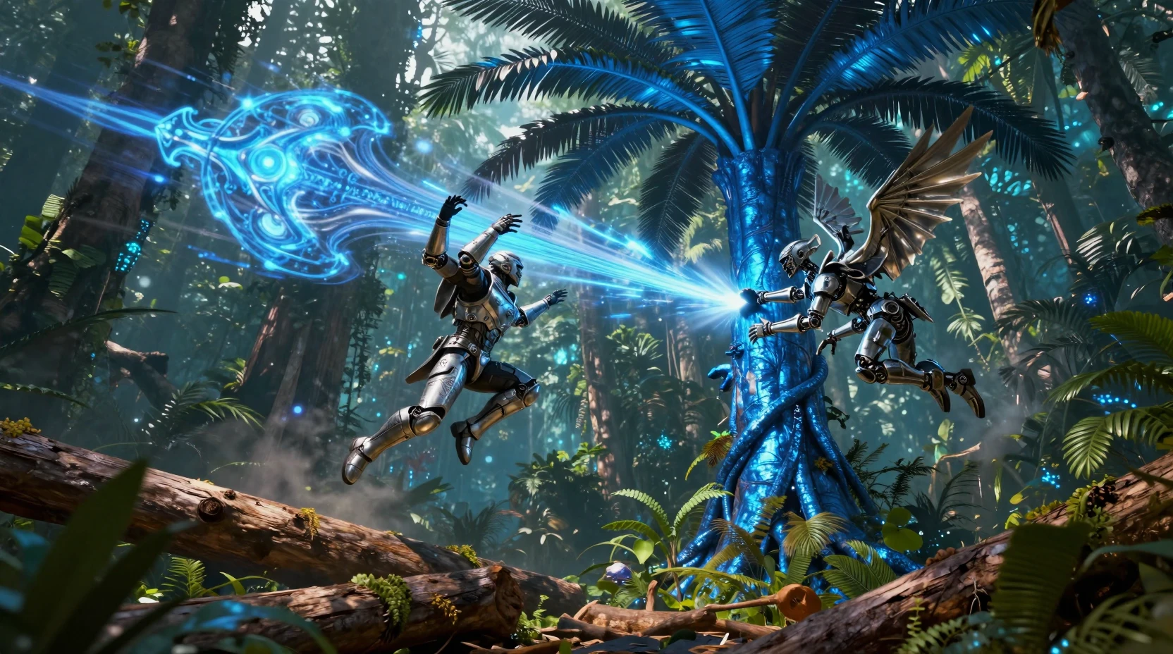 Futuristic warriors dodging a violent metallic jungle tree