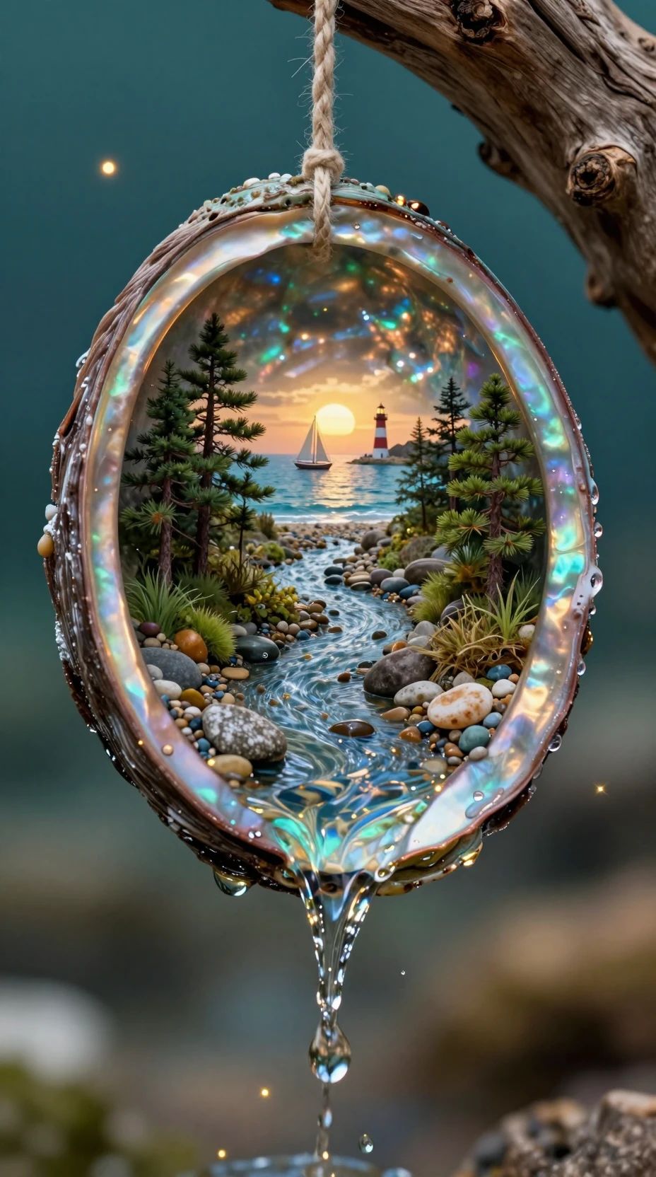 Macro shell revealing a tiny coastal world at sunset
