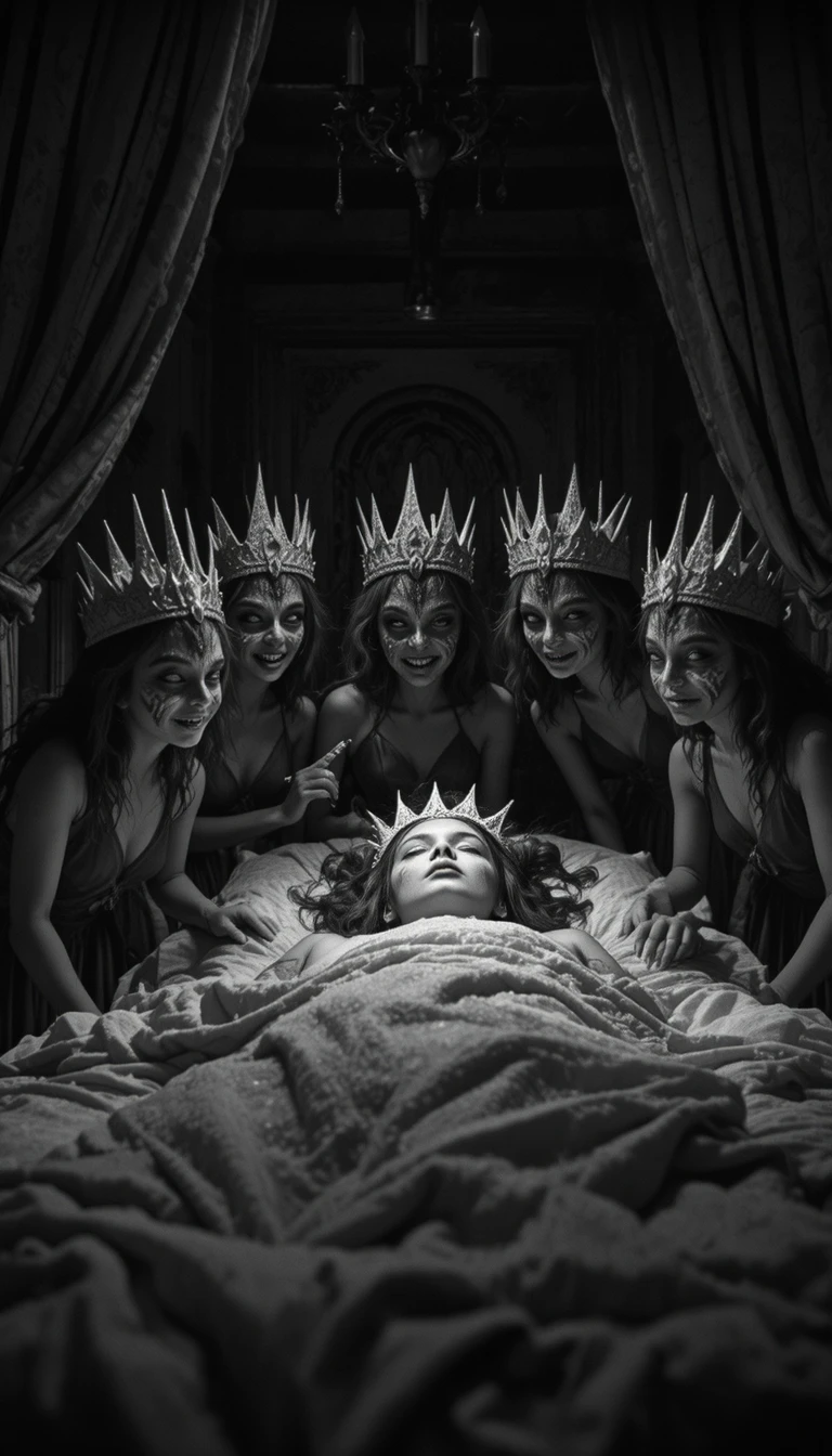 Mischievous fairies sneaking into a dim bedroom at night