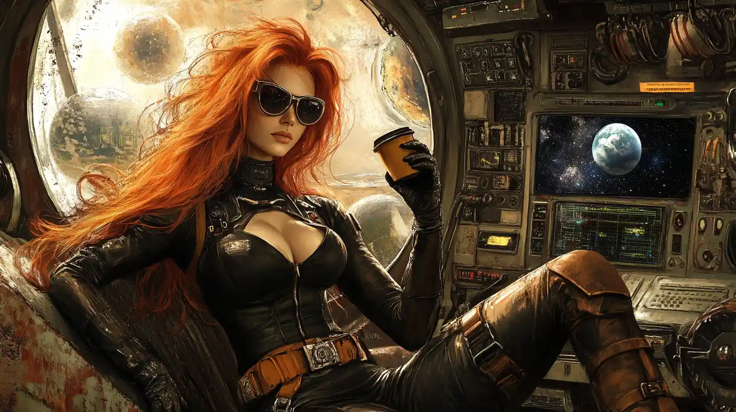 Red haired woman in leather suit inside old spaceship cockpit