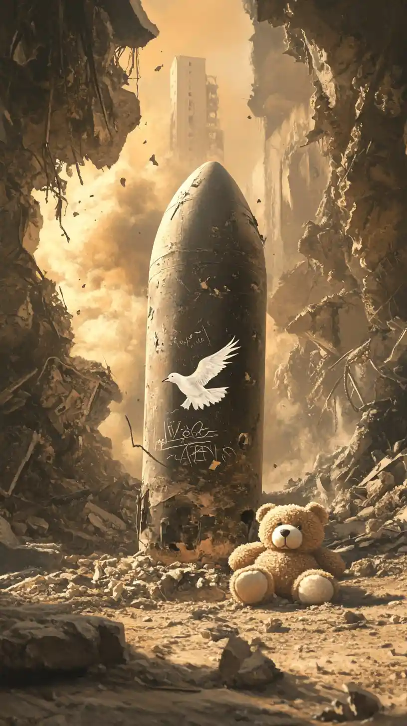 전쟁 폐허 속 아이가 그린 비둘기 그림이 있는 불발탄