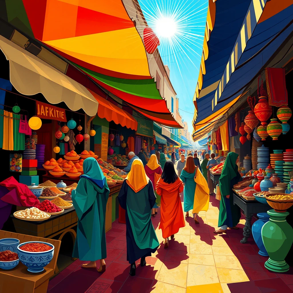 Vibrant abstract market crowd in fractured sunlight