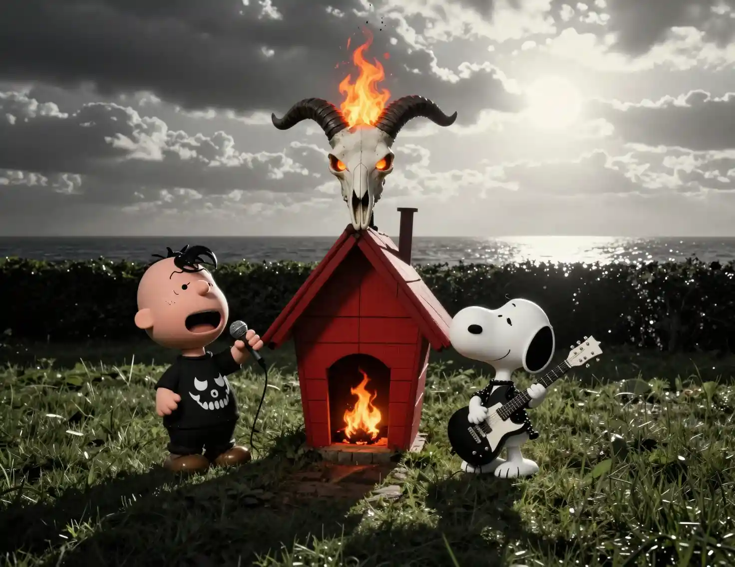 Metal-Cartoonfiguren rund um eine feurige Dämonen-Hundehütte