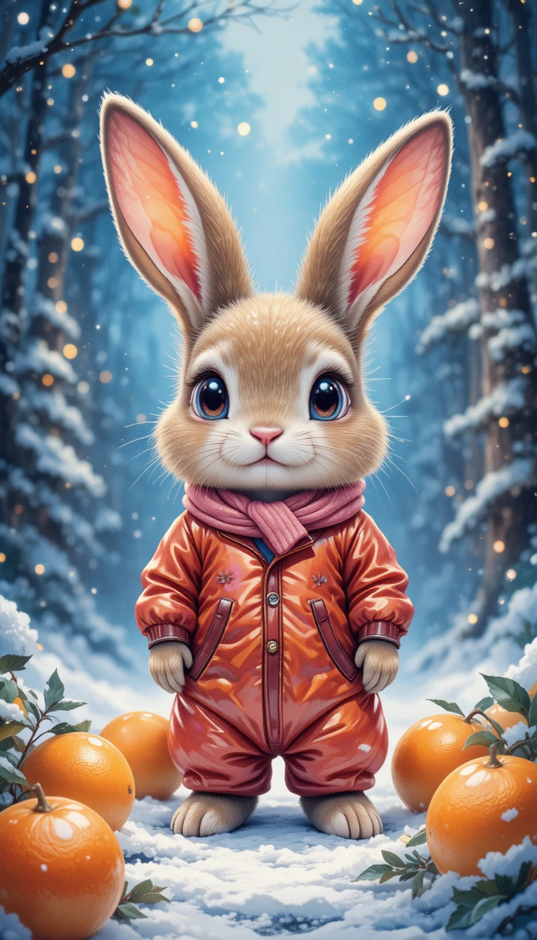 Cute rabbit in winter forest with scarf and jumpsuit