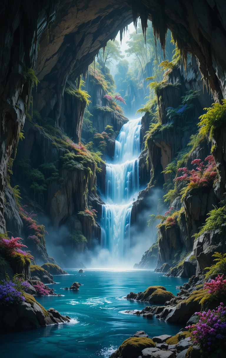 Dramatic underground waterfall in a glowing cave landscape