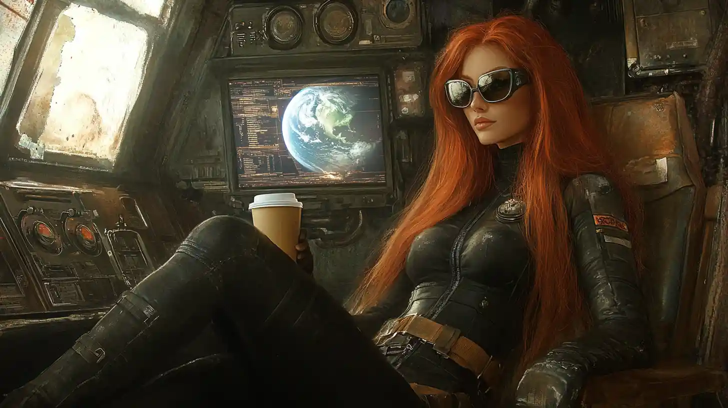 Red haired woman in leather suit inside old spaceship