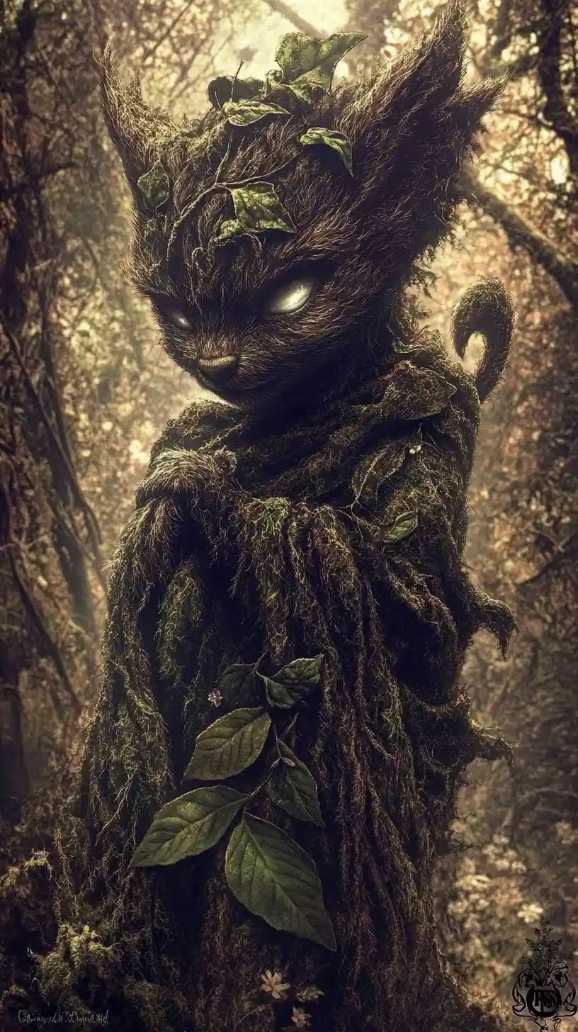 Ethereal forest spirit with mossy fur and leaf garments