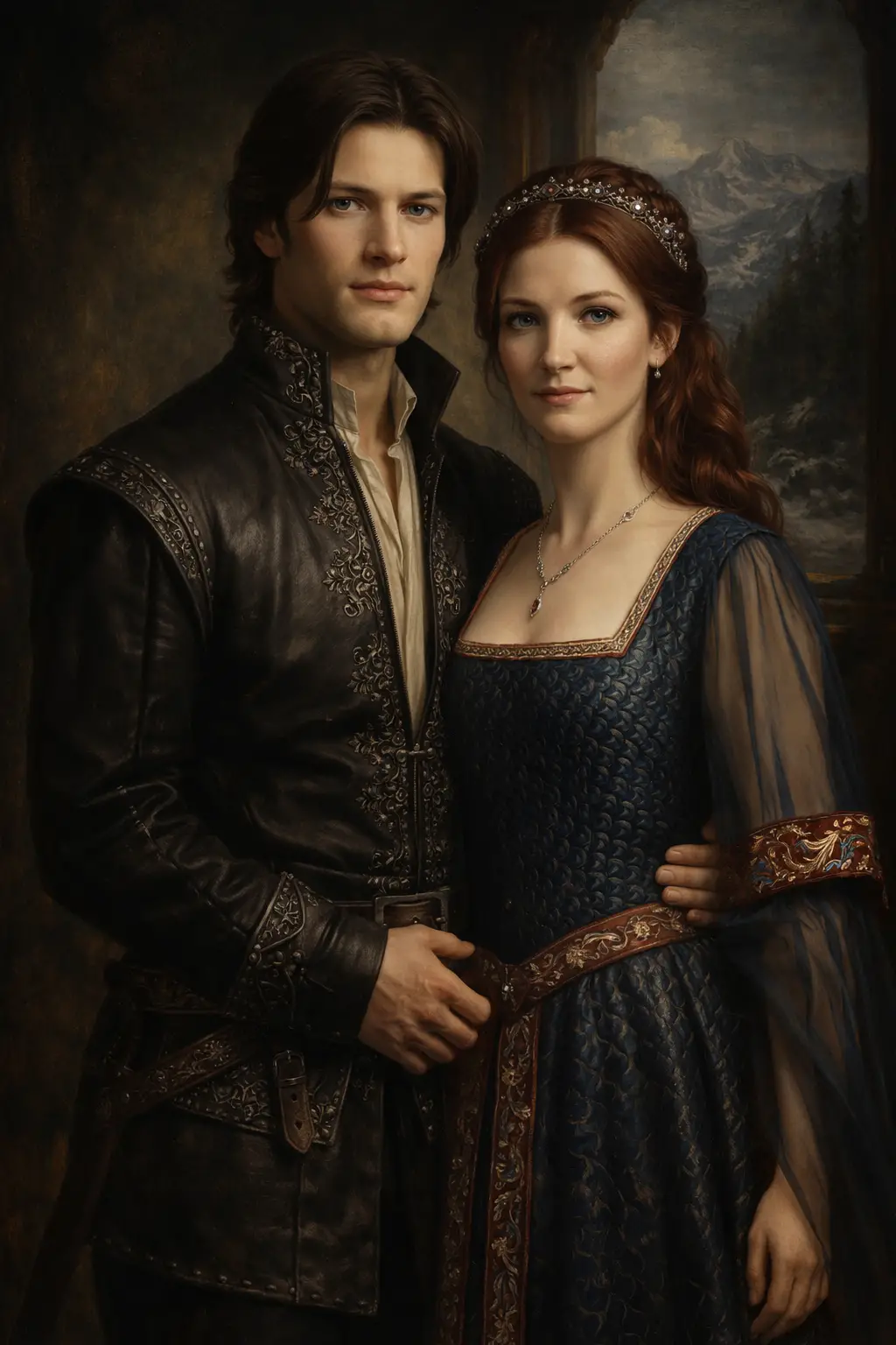 Renaissance style oil portrait of a young medieval couple