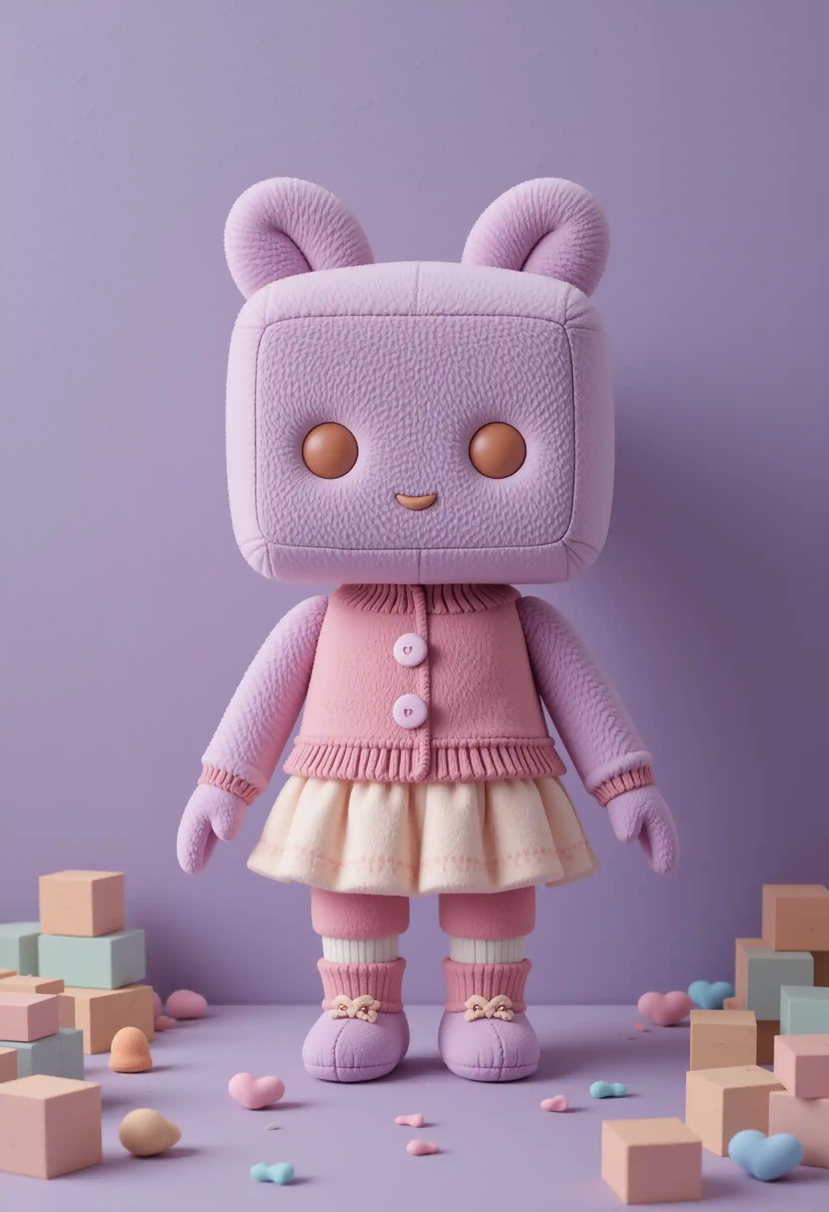 Cute geometric plush character on soft lavender background