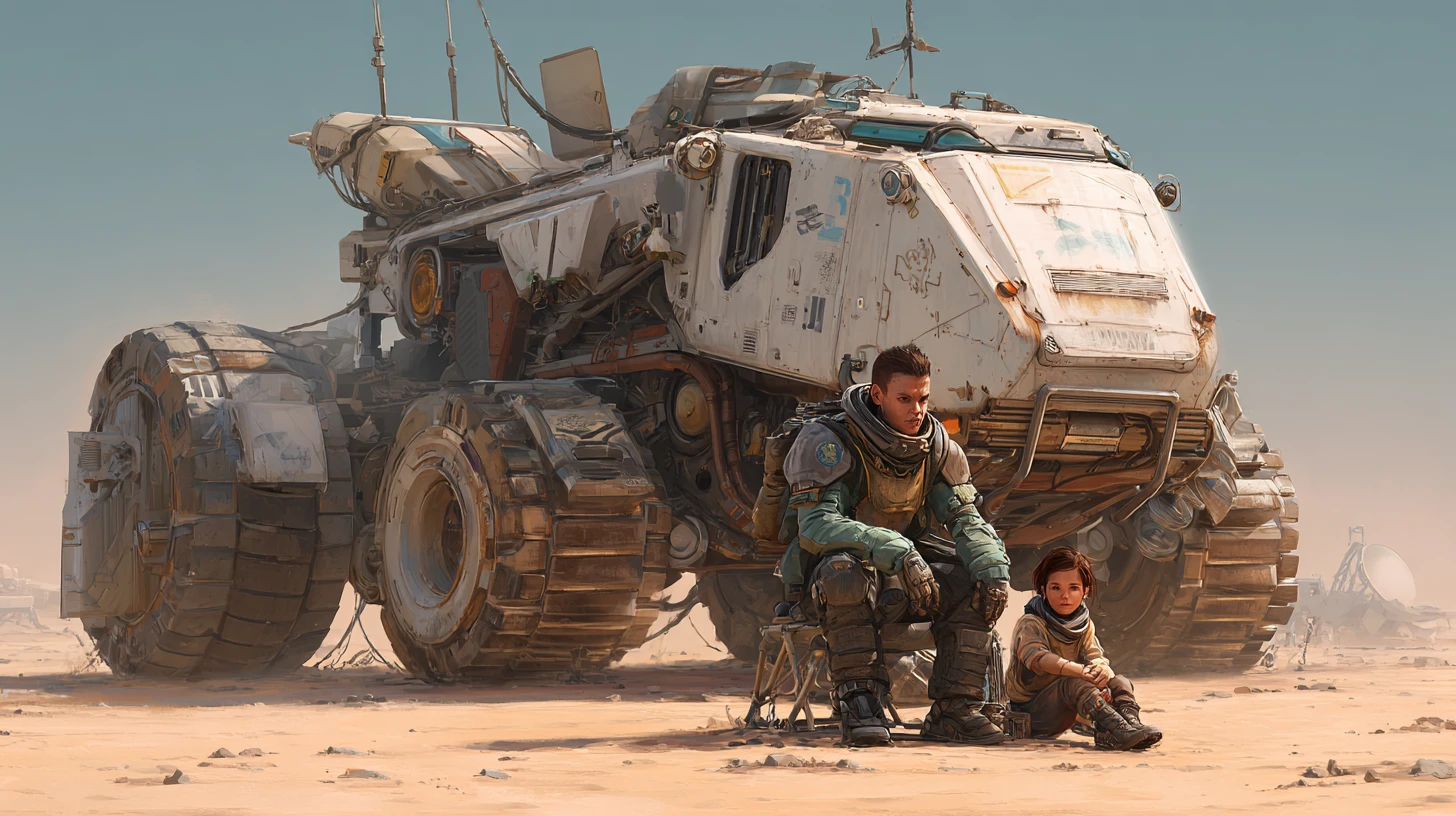 Young woman and father crossing a barren desert wasteland