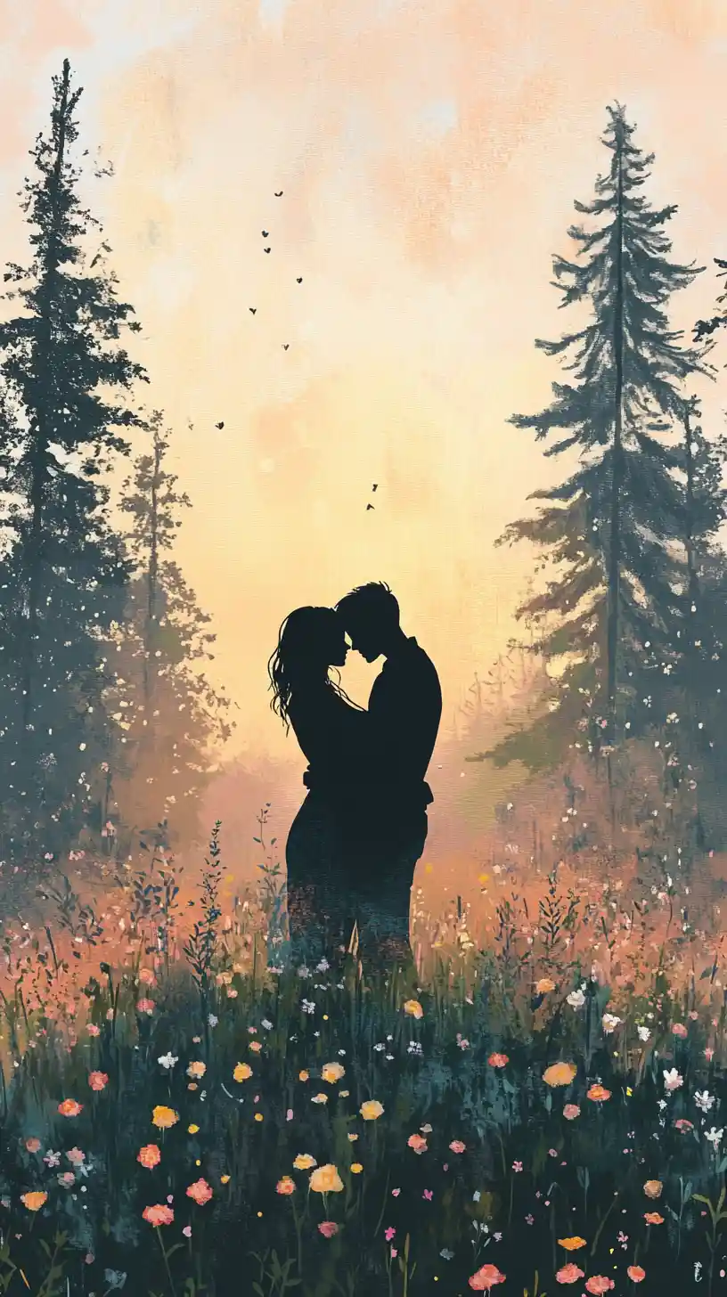 Silhouetted couple embracing in a glowing nordic meadow