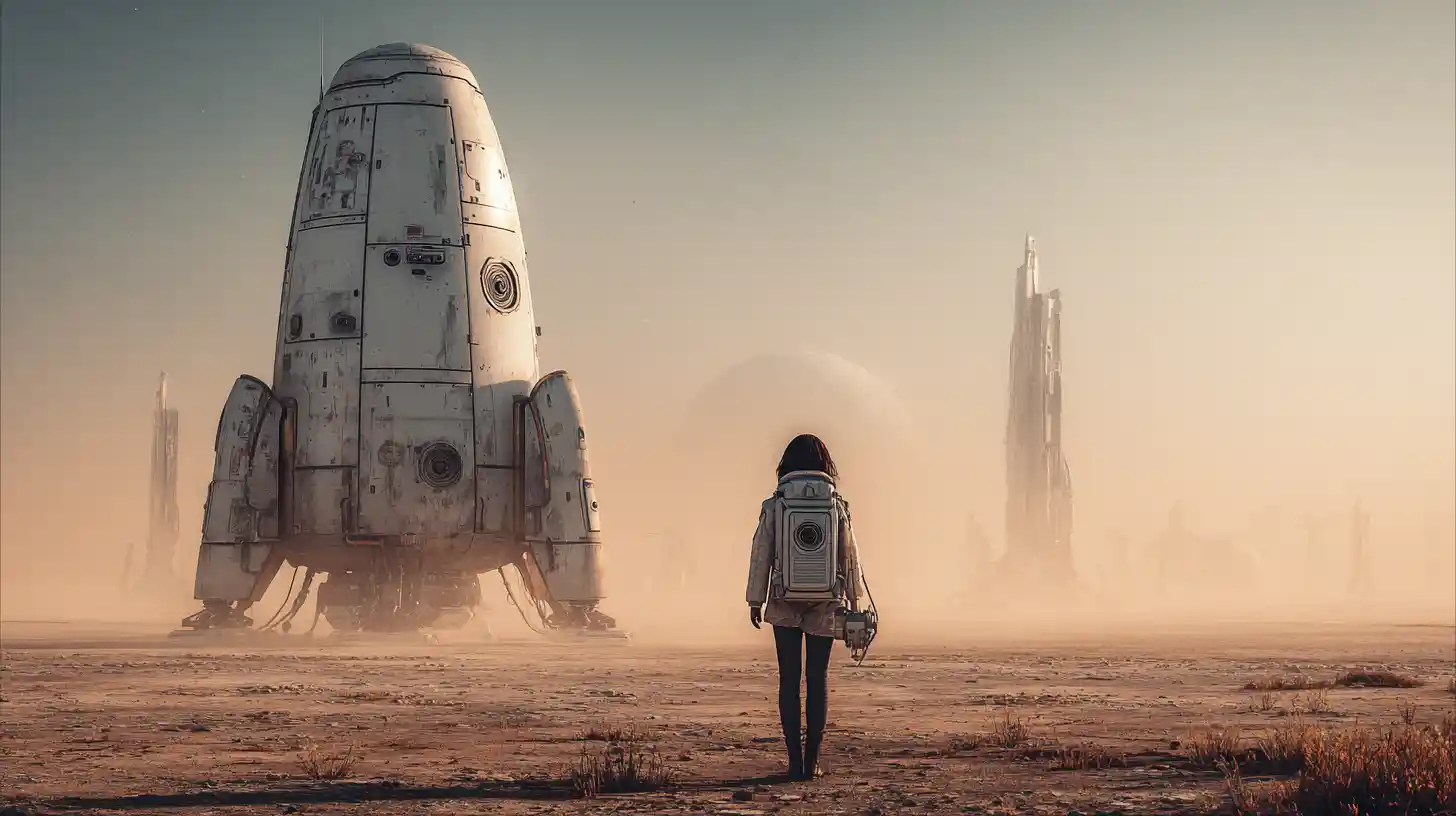 Young woman and father on desolate earth as rockets escape