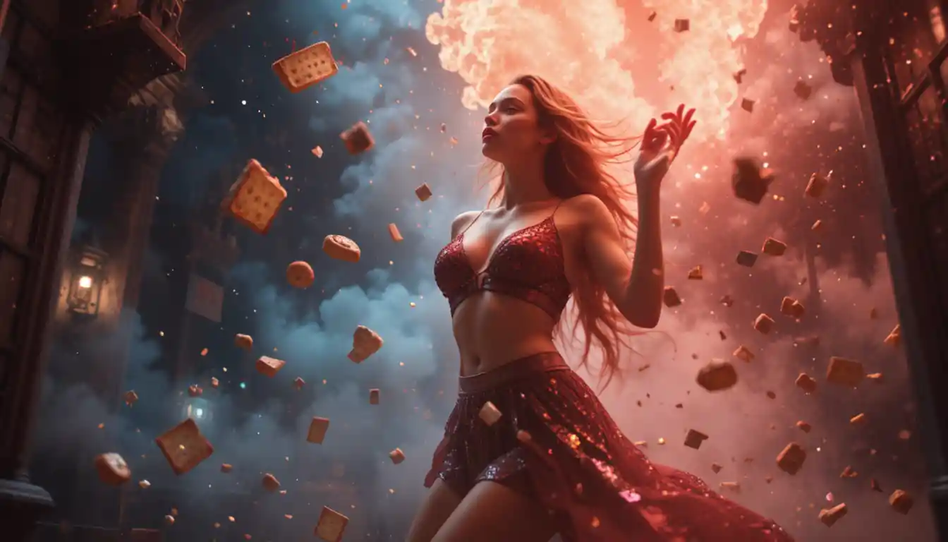Woman dancing above toaster slot from extreme low angle