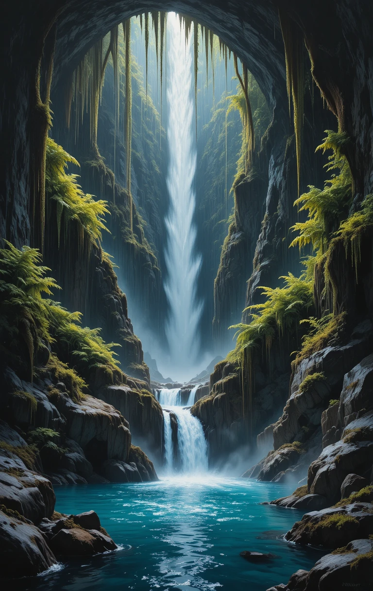 Dramatic Waterfall Illuminated In A Vast Underground Cave