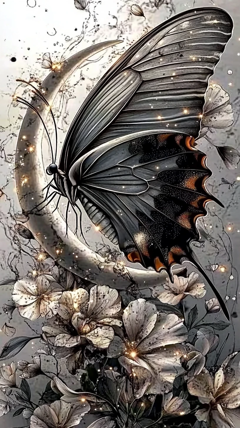Whimsical Butterfly Queen With Crescent Moon Body And Flowers