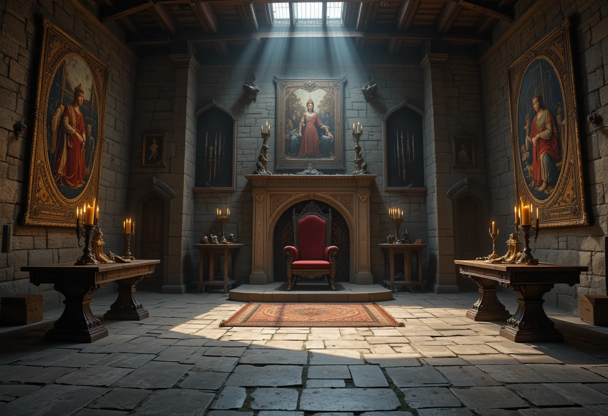 Medieval throne room with firelit stone walls and tapestries