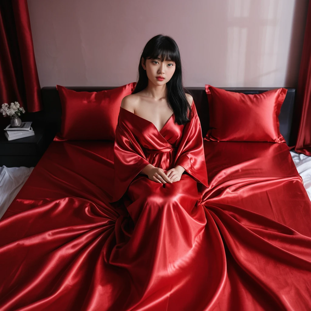 Korean woman sitting on red satin sheets looking at camera
