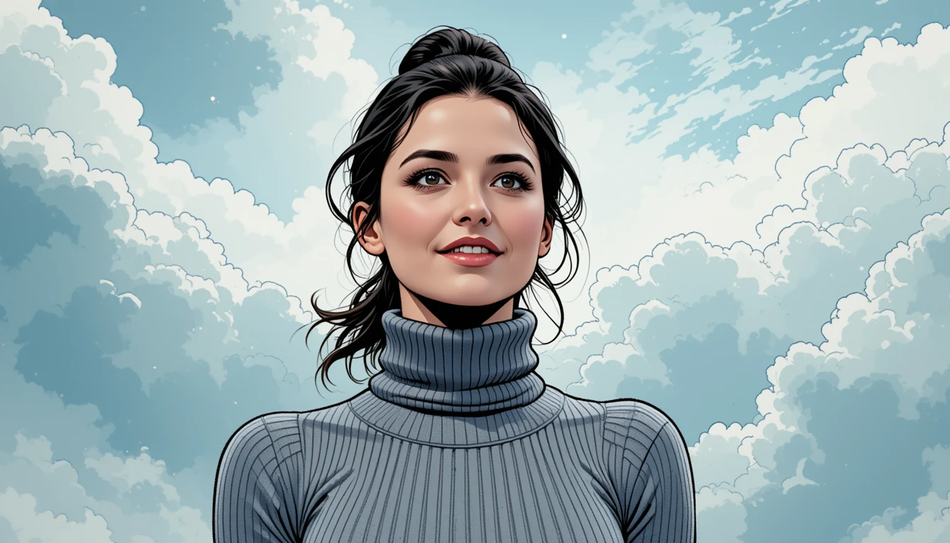 Thoughtful woman in grey turtleneck under cloudy sky