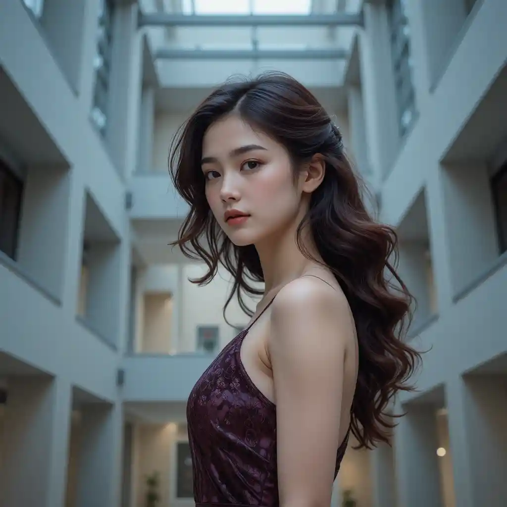 Elegante donna coreana in tubino in un atrio brutalista