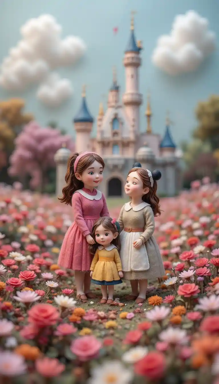 Felted wool family enjoying a whimsical Disneyland theme park