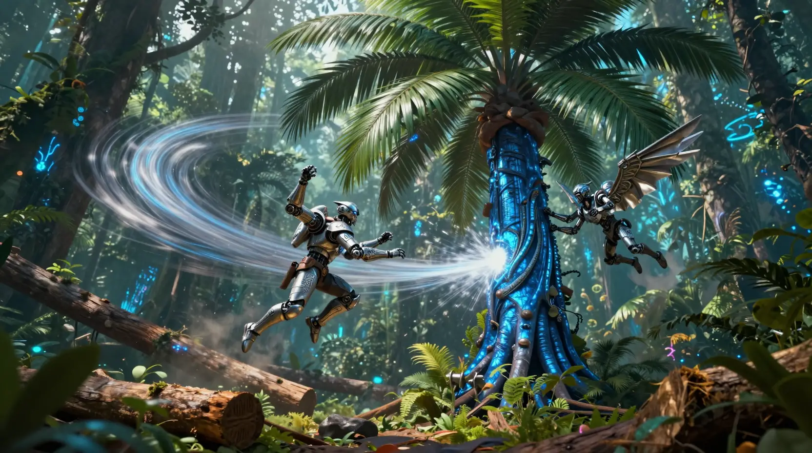 Guerreros futuristas esquivan un llamativo árbol de jungla azul metálico